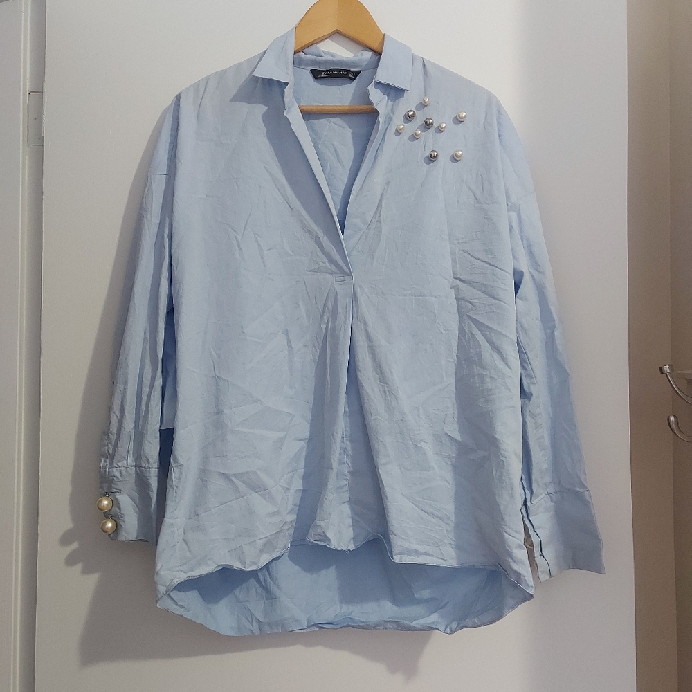 Zara Woman Chunky Oversized Pearl Bead Long Sleeve Pullover Blouse